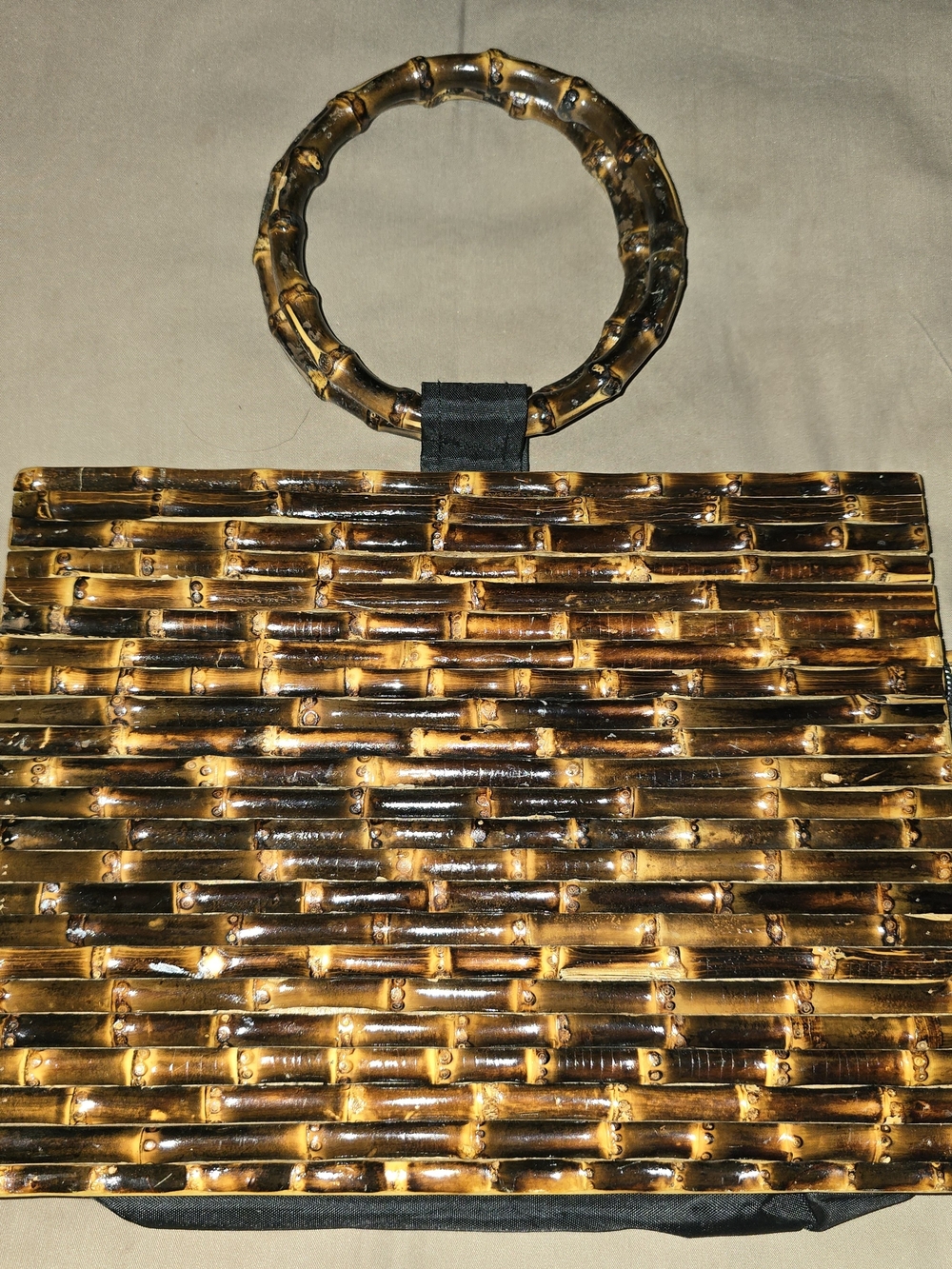 Vintage Woven Bamboo Handbag with Round Handle - Gold Brown